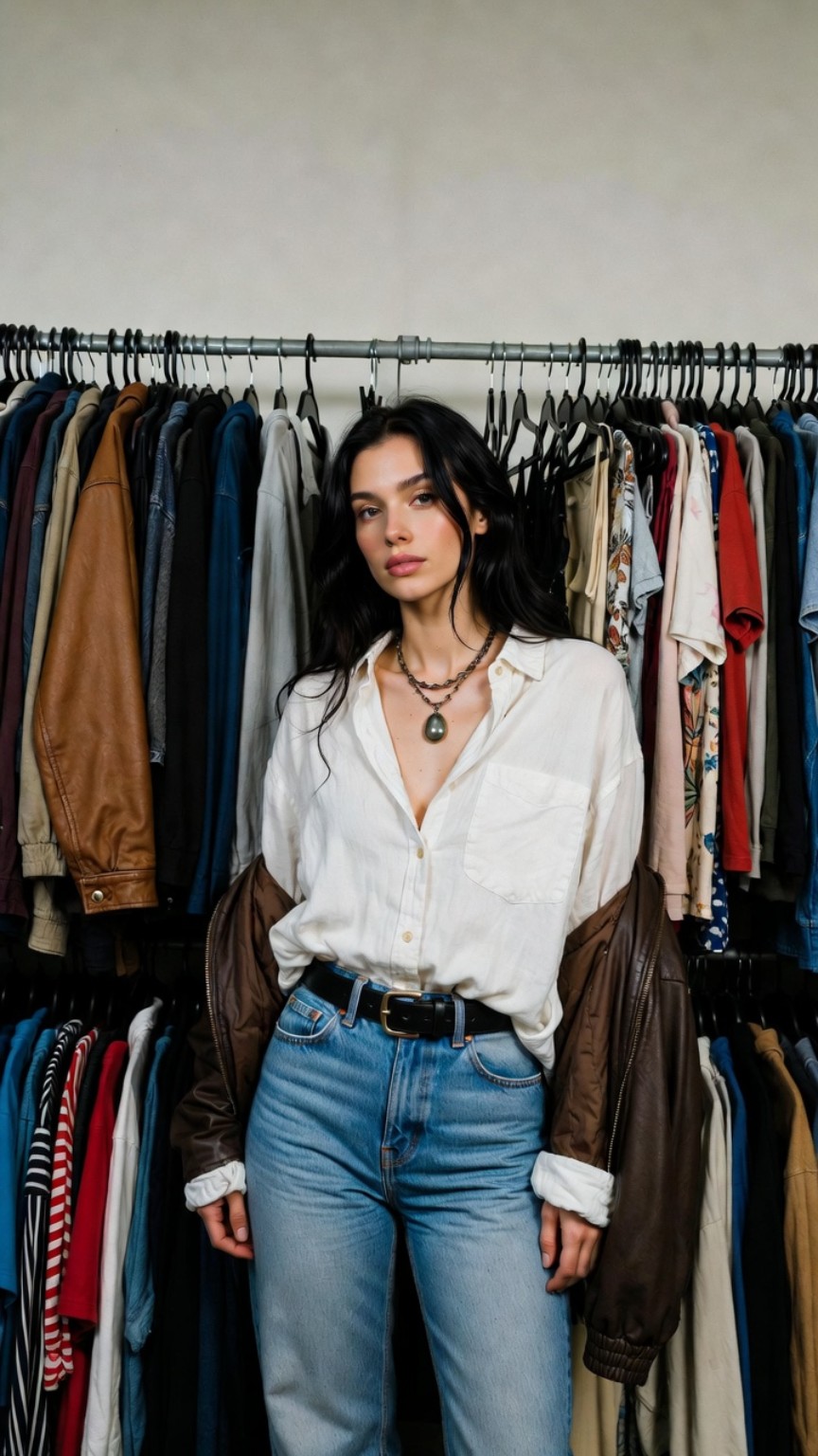 Woman in white blouse standing before clothing rack