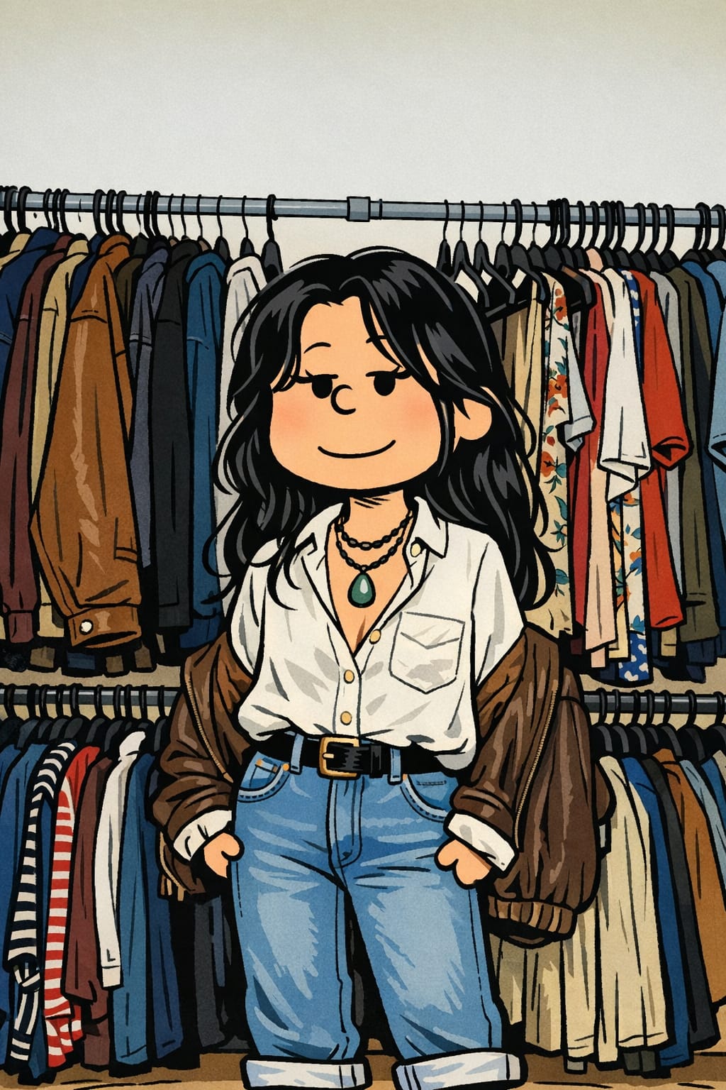 Cartoon woman standing before a full clothing rack