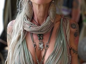 Smiling woman in bohemian attire, wearing large hat.