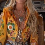 Smiling person in colorful embroidered outfit in car.