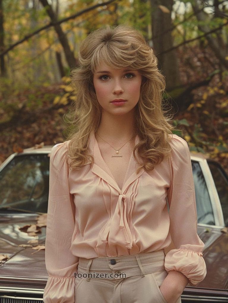Woman in pink blouse near vintage car in forest