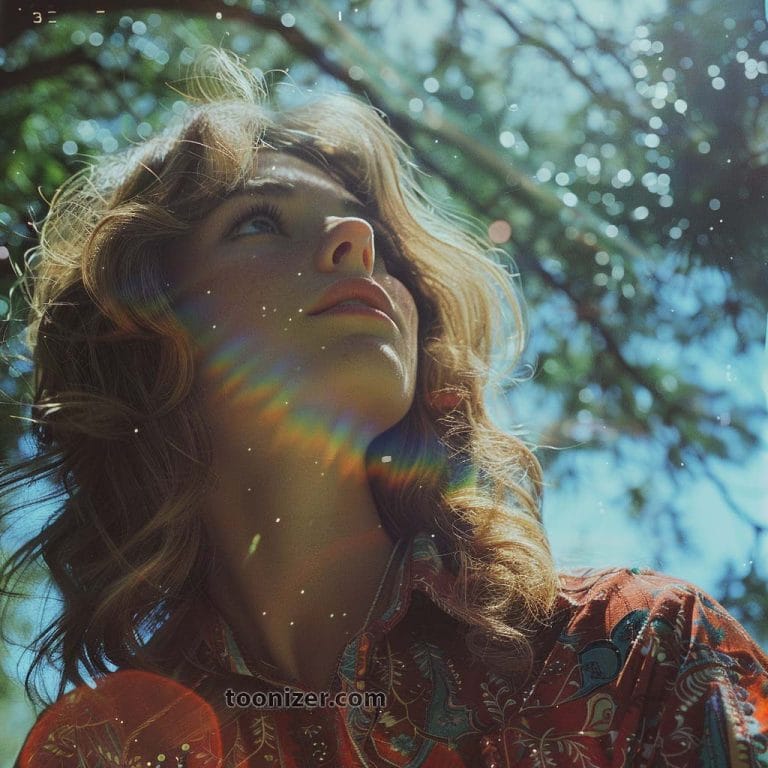 Woman under tree with sunlight and rainbow effect