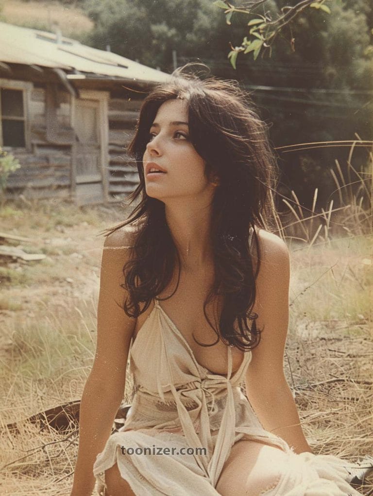 Woman sitting outdoors with rustic cabin backdrop.