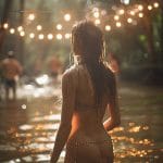 Woman in bikini enjoying outdoor water party.