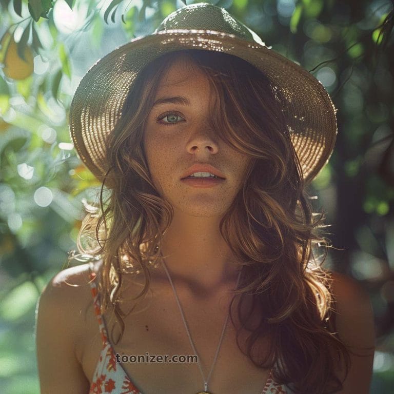 Woman in sun hat amidst greenery
