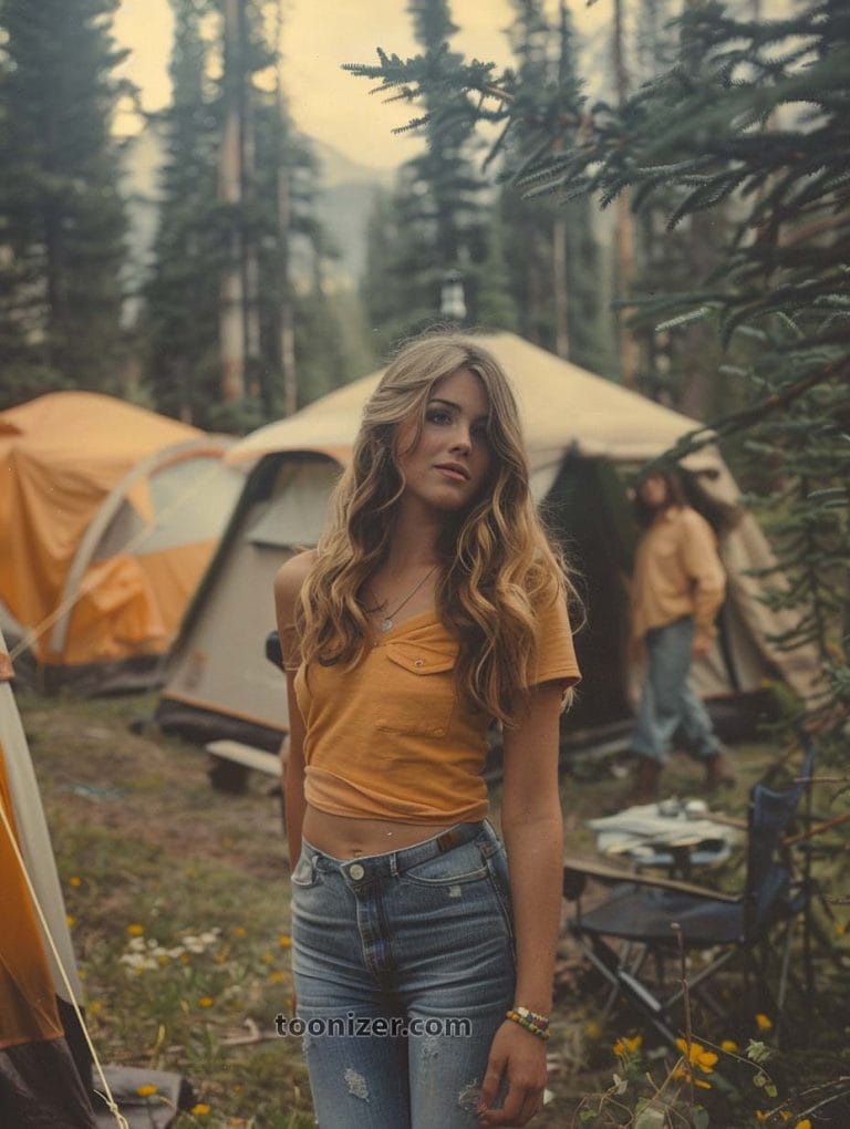 Woman in campsite surrounded by tents and trees.