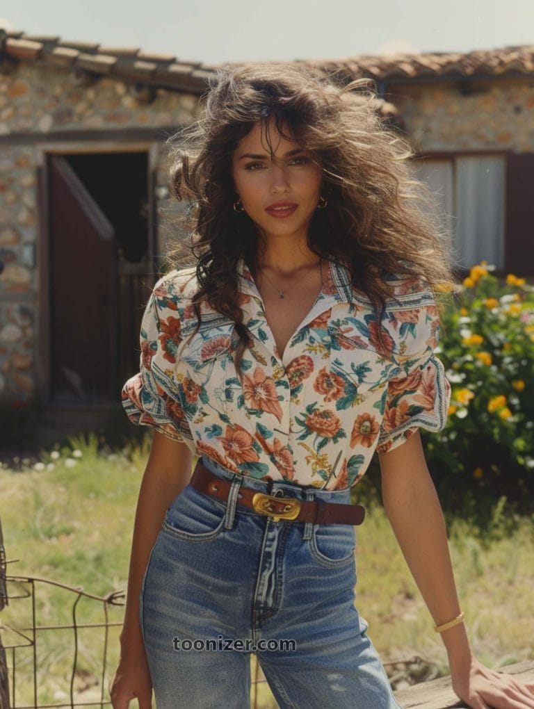 Person in floral shirt outside rustic building