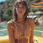 Woman in striped bikini at the beach