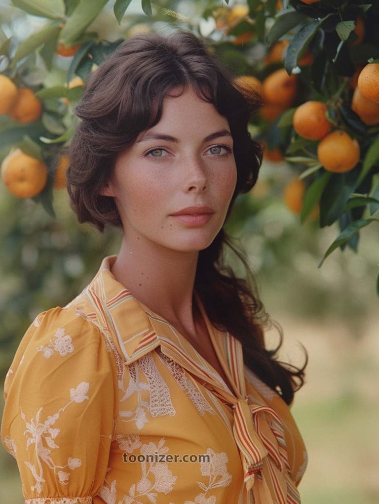 Woman in yellow dress near orange trees