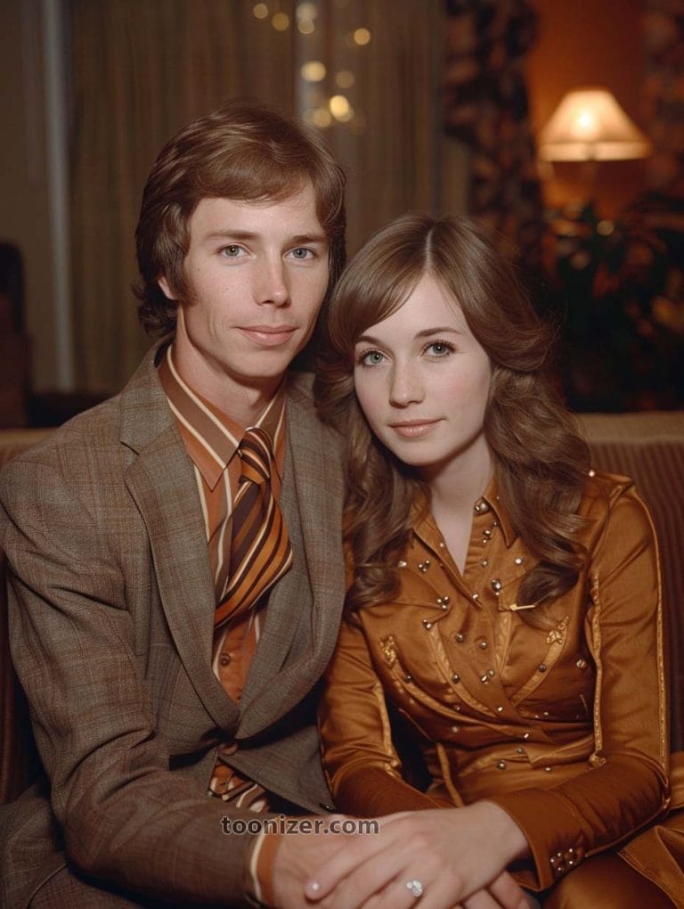 Couple in brown retro attire, vintage setting.