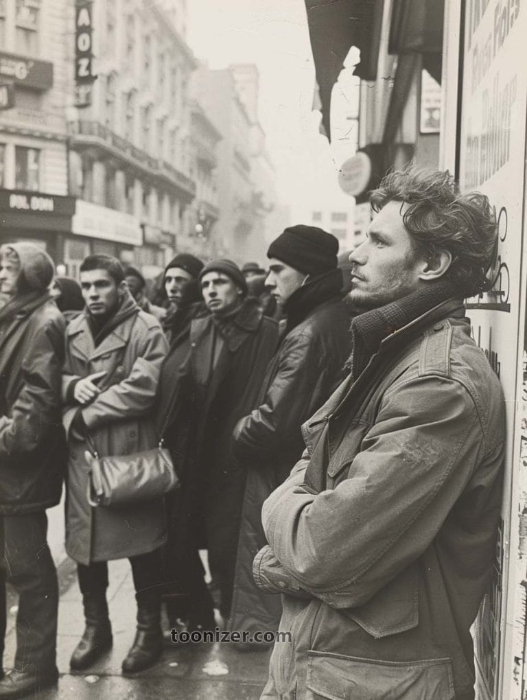 Black and white photo of men on city street.