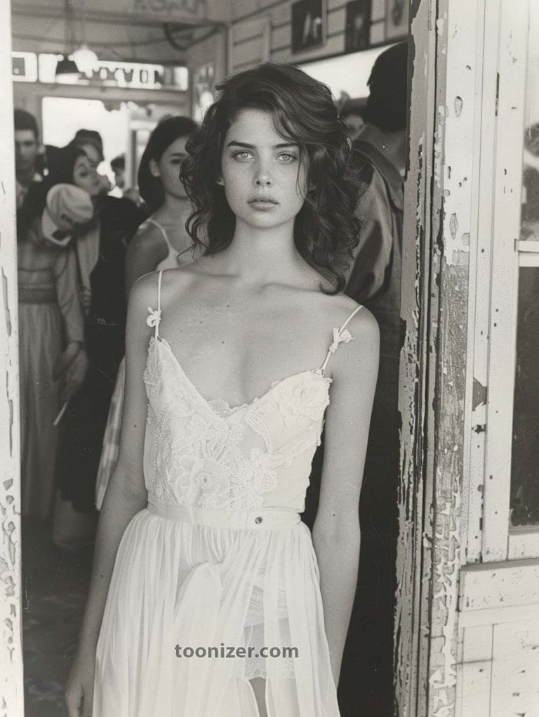 Woman in lace dress standing in doorway