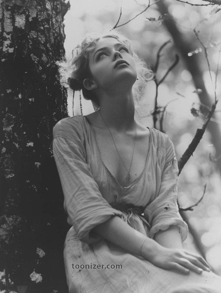 Woman in forest gazes upwards, serene and thoughtful.