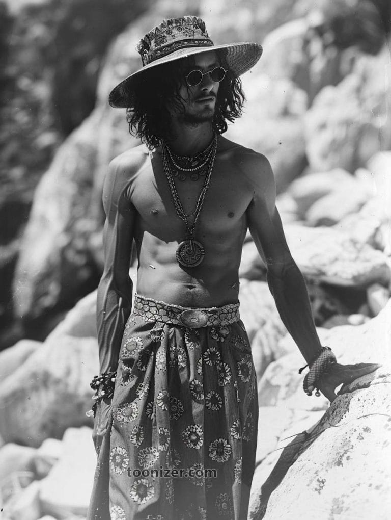 Shirtless man with hat and accessories