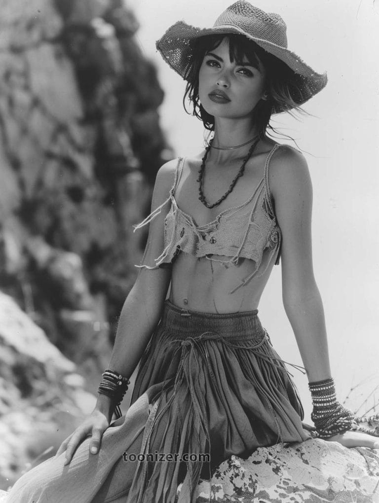 Woman modeling with sunhat, rugged background.