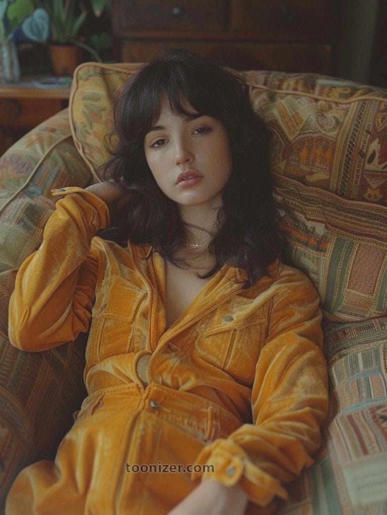 Person in yellow outfit on patterned couch