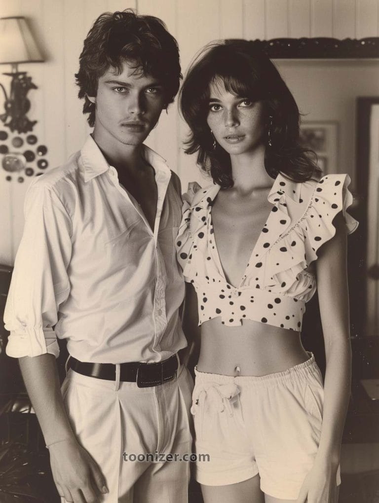 Young couple in stylish summer attire indoors.