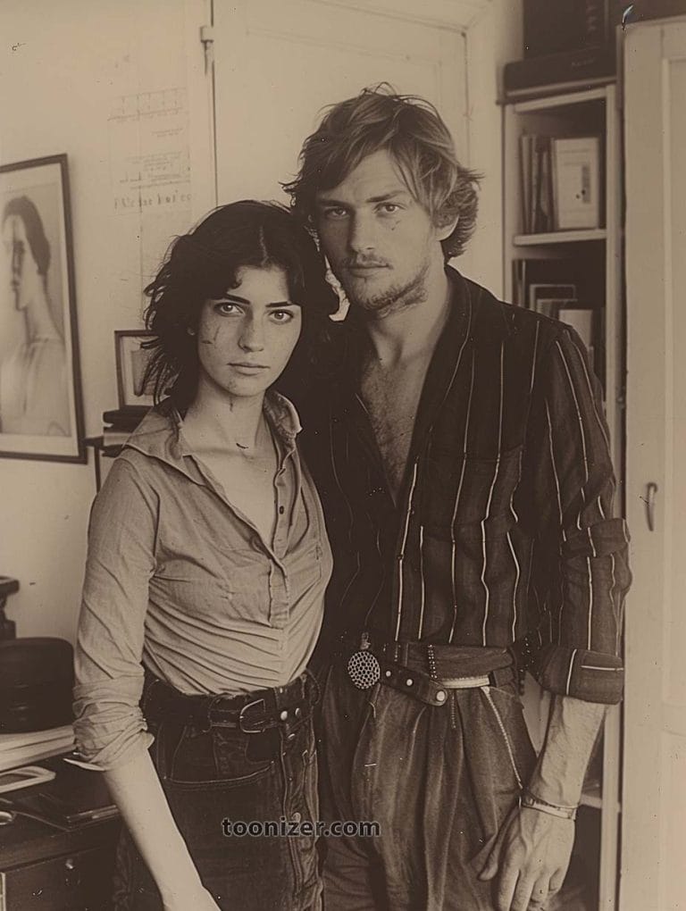 Vintage photo of two people posing together inside.