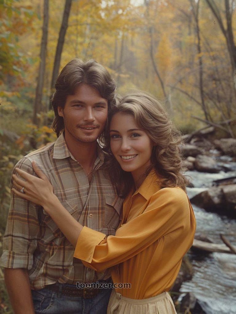 Couple smiling in autumn forest by a stream.