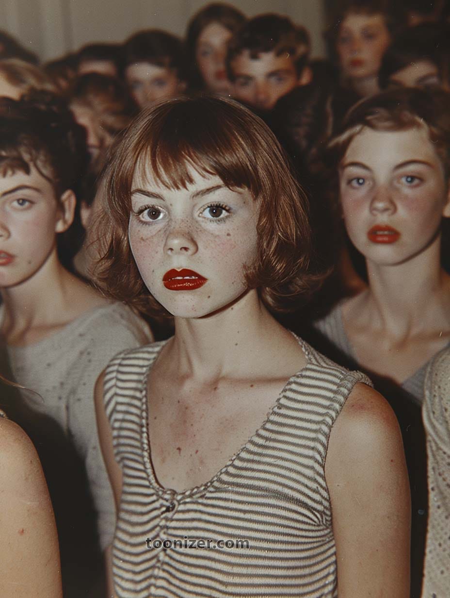 Group of young women with red lips.