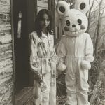 Person in pajamas, another in cartoon costume outside house