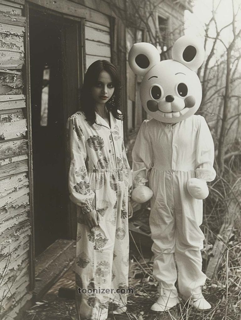 Person in pajamas, another in cartoon costume outside house