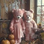 Teddy bears with pumpkins in autumn-themed room