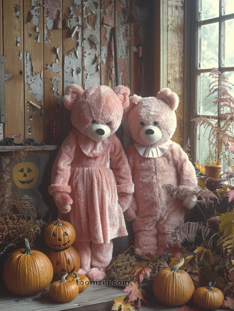 Teddy bears with pumpkins in autumn-themed room