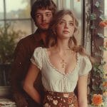 Couple gazing outside, surrounded by flowers.