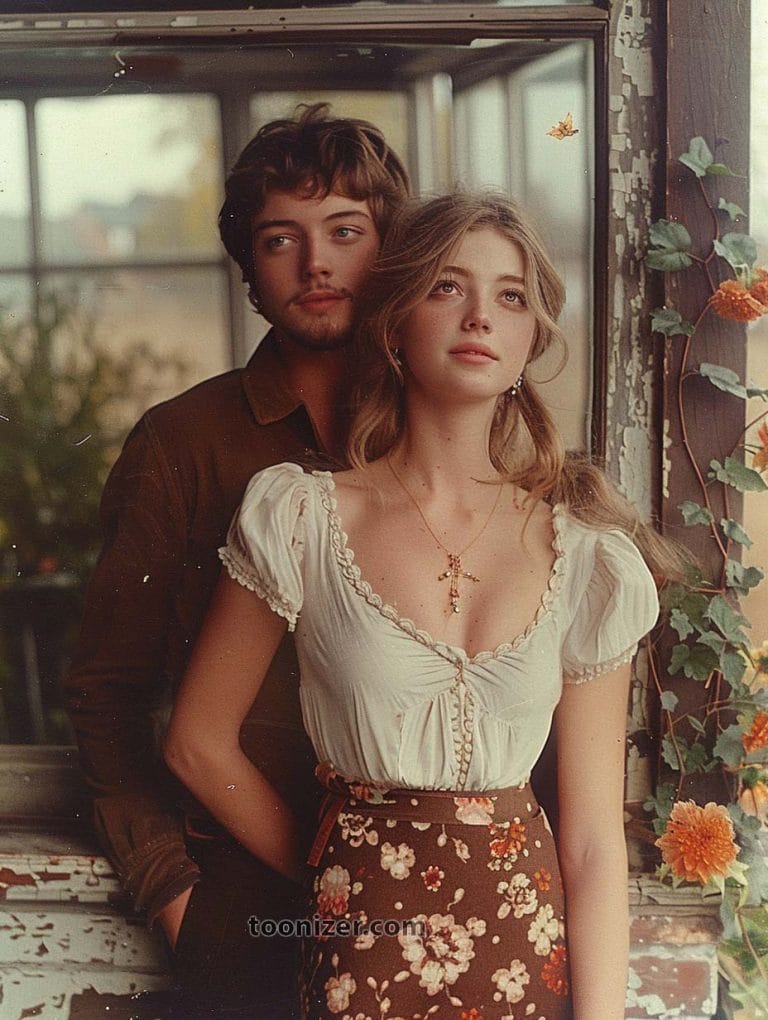 Couple gazing outside, surrounded by flowers.