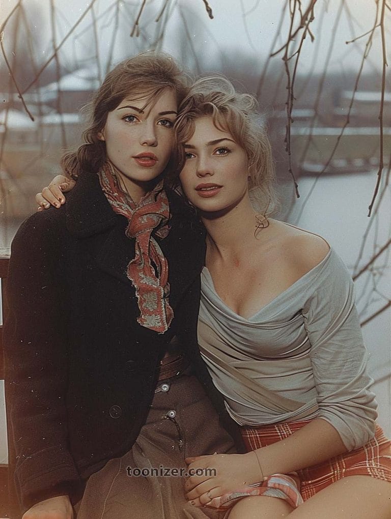 Two women sitting outdoors with intertwined branches.