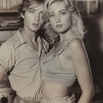 Vintage-style portrait of young couple in kitchen.
