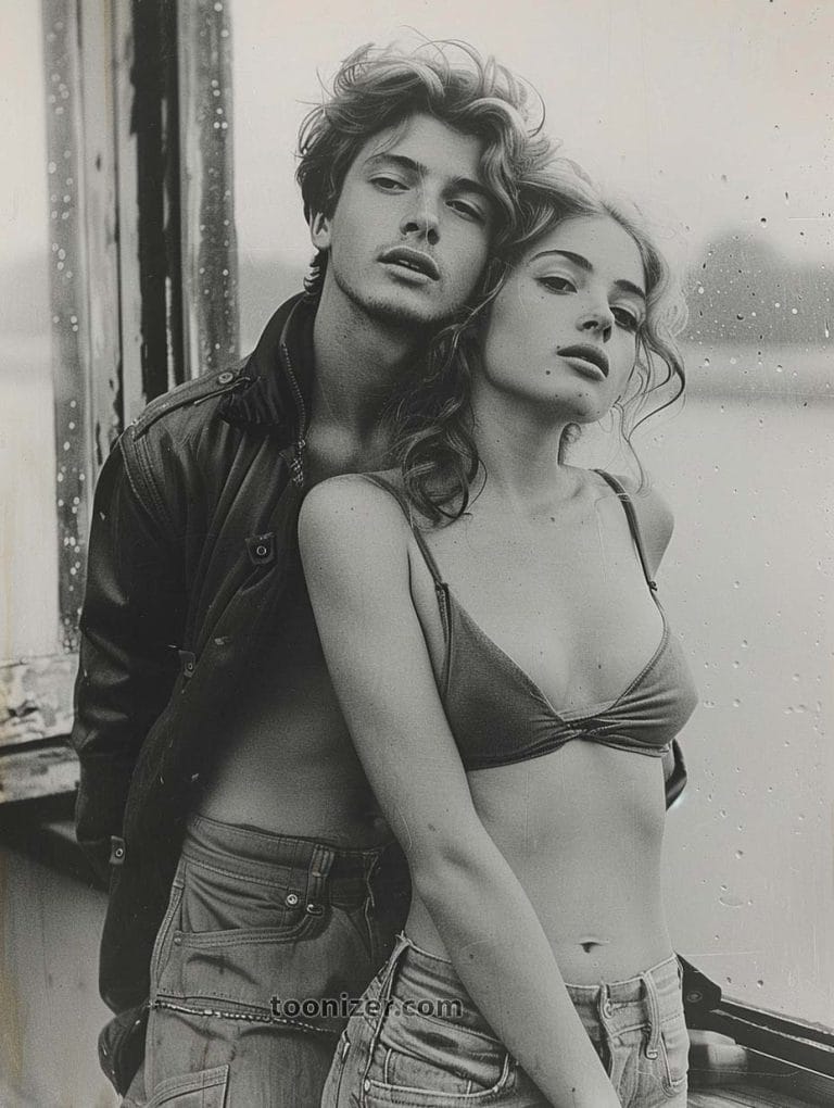 Stylish young couple posing together near window.