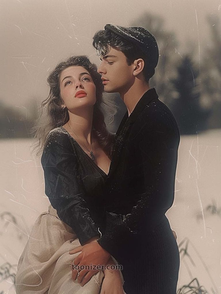 Vintage-style couple embracing in snowy outdoors.