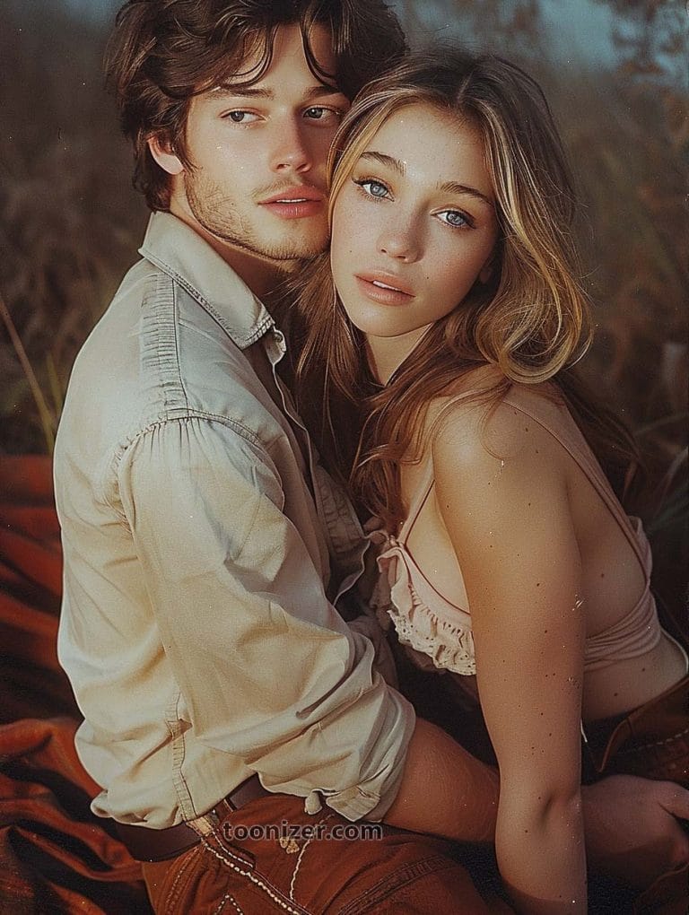 Couple embracing outdoors, looking at camera