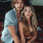 Couple posing together indoors, looking at camera.