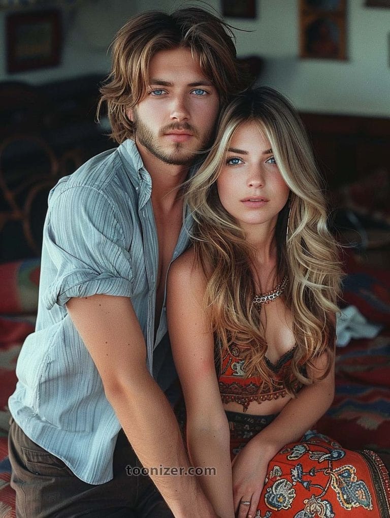 Couple posing together indoors, looking at camera.