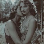 Two women embracing outside, vintage style.