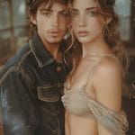 Stylish couple posing indoors, vintage aesthetic.