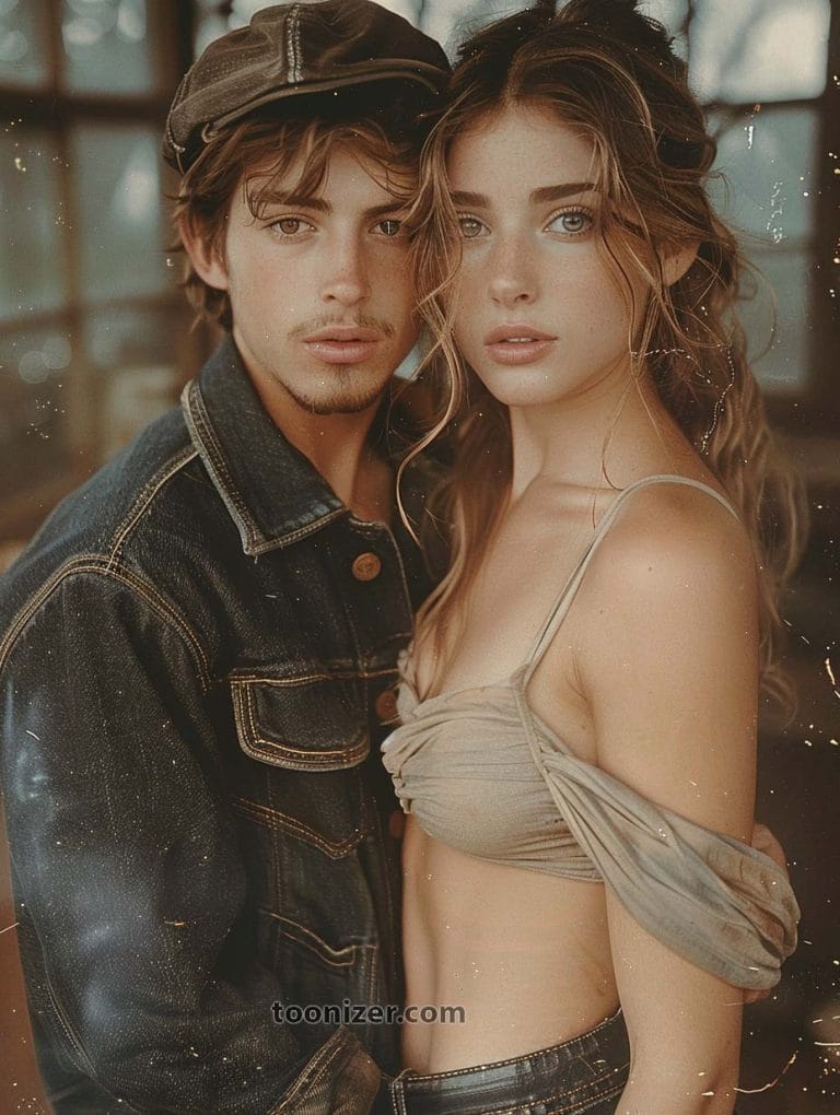 Stylish couple posing indoors, vintage aesthetic.