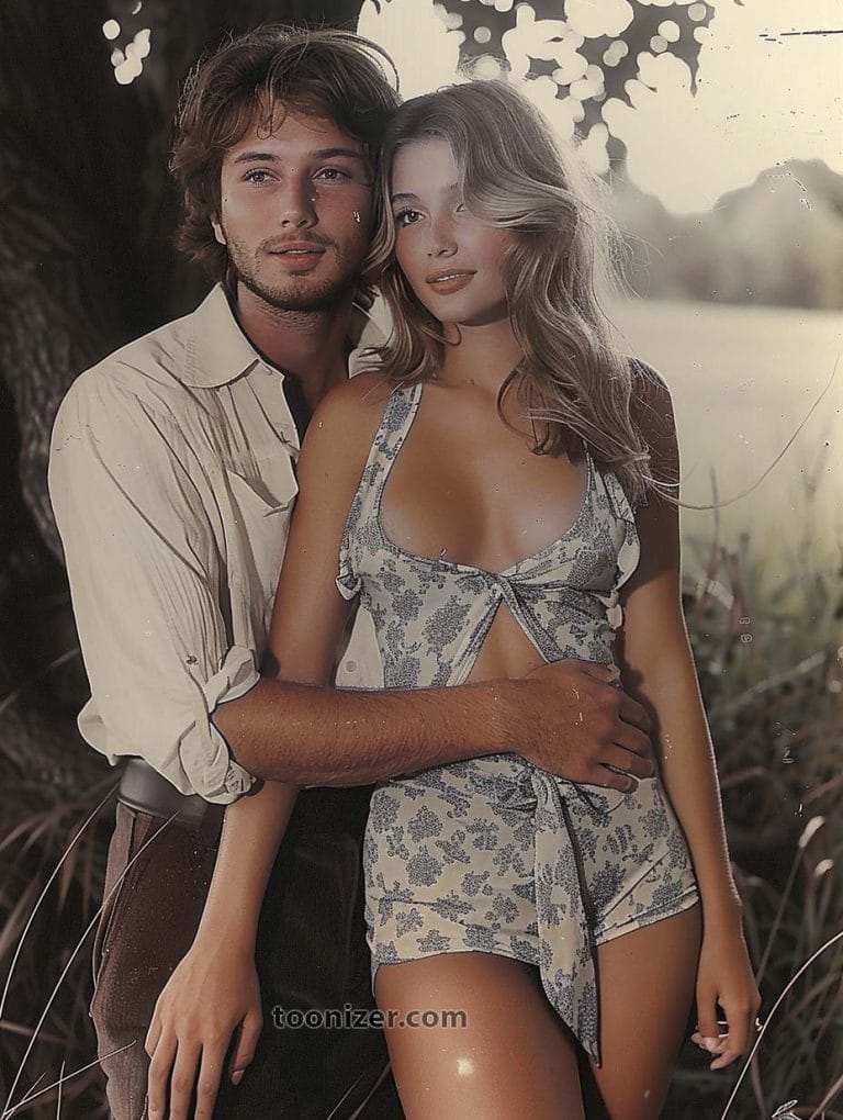 Couple posing outdoors in summer clothing.