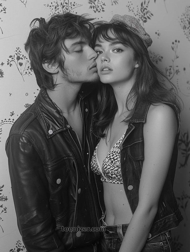 Stylish couple posing in leather jackets.