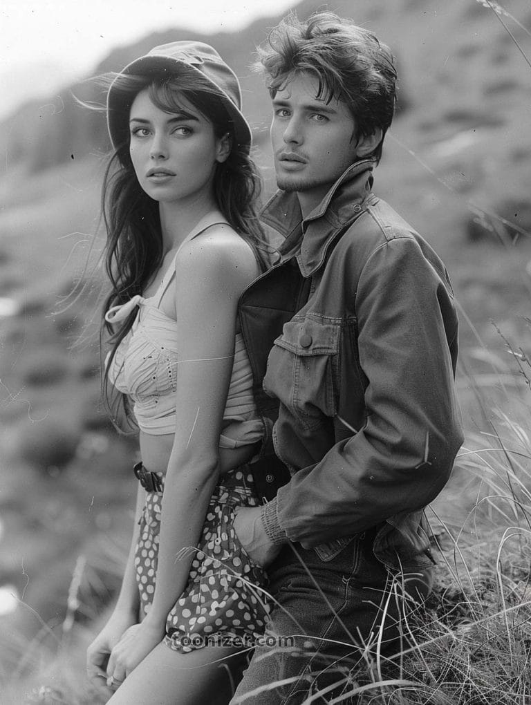 Black and white vintage couple outdoors