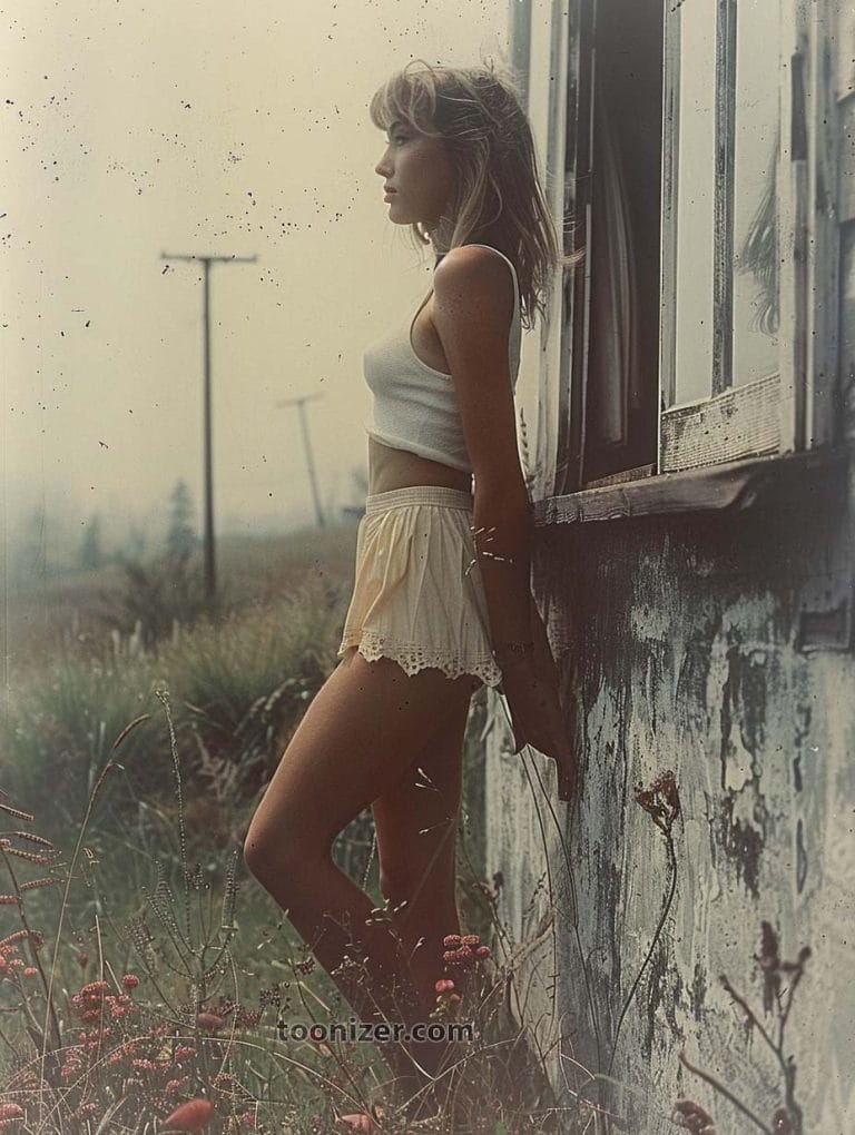 Woman leaning against wall, rural background