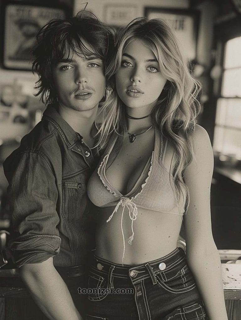 Stylish couple posing together inside a cafe.