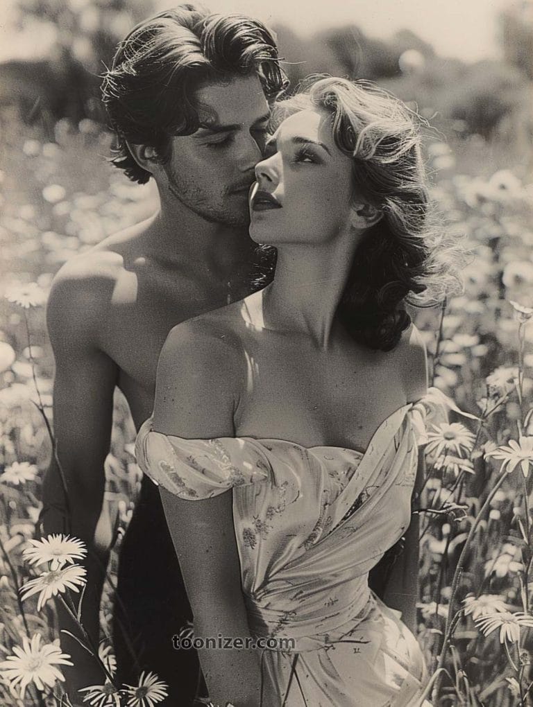 Romantic couple embracing in wildflower field