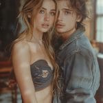 Couple posing closely with warm lighting.