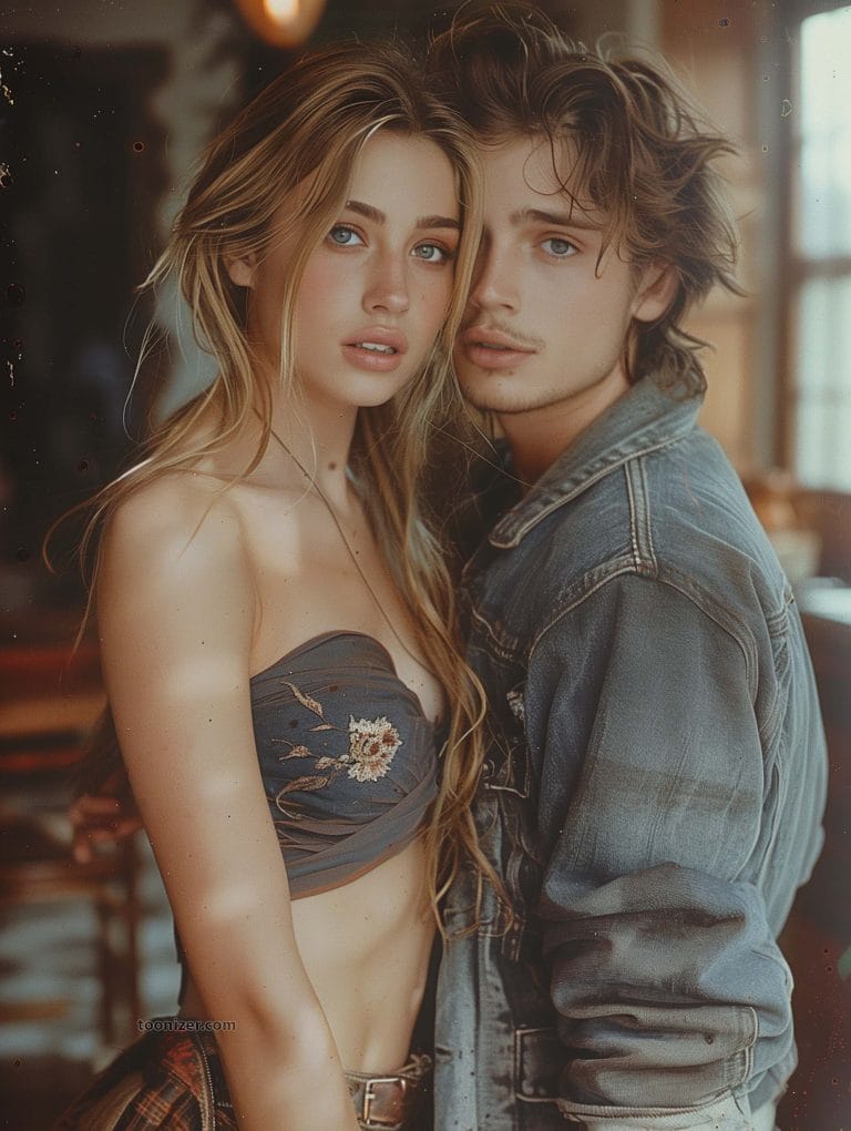 Couple posing closely with warm lighting.