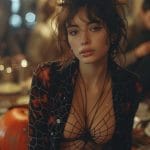 Woman with spiderweb shirt and pumpkins