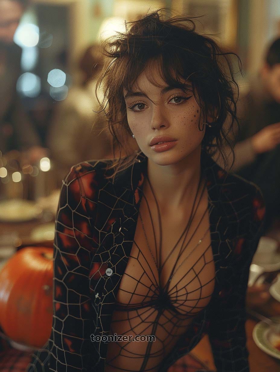 Woman with spiderweb shirt and pumpkins